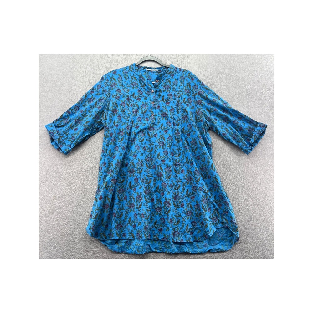 Generation Woman Blue Floral Pintuck Tunic Top Size 16 Button Front High Low Hem